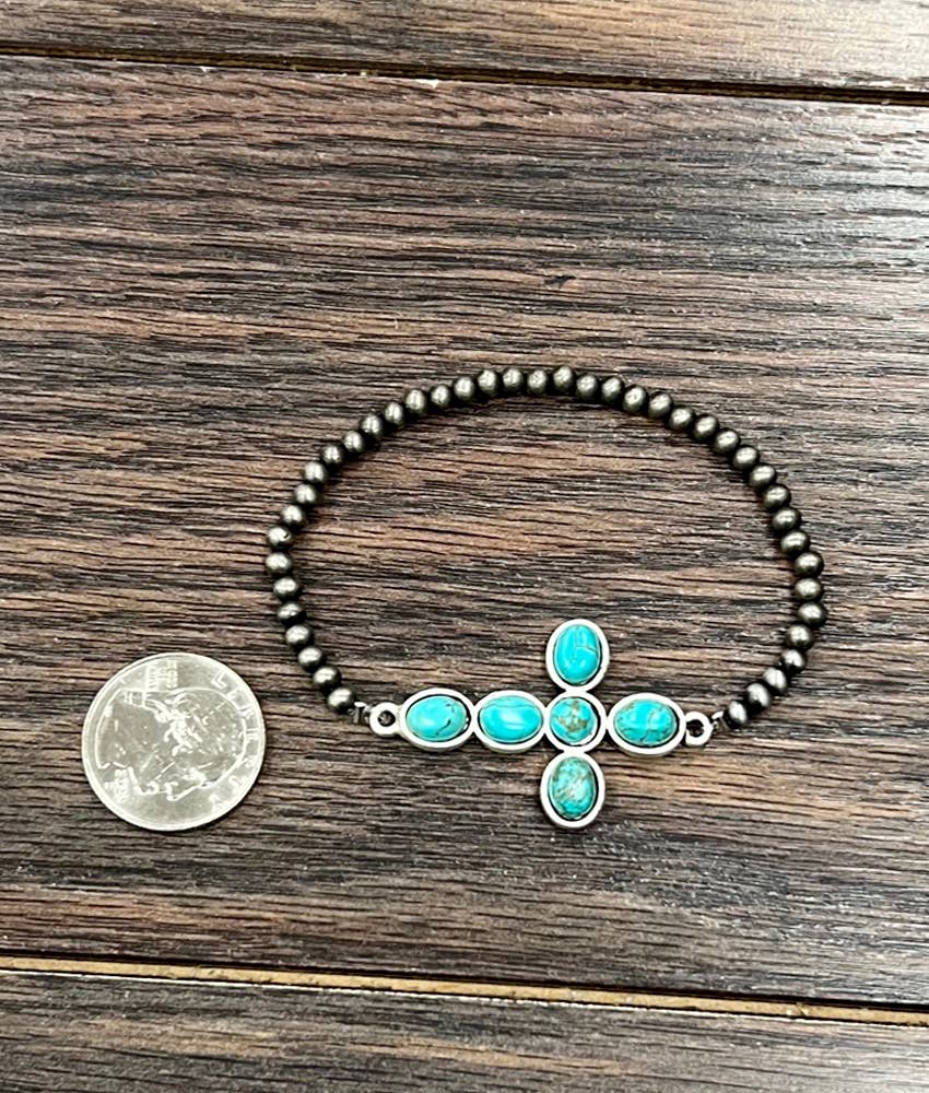 711361, Handmade Sideway Cross Turquoise Stretch Bracelet