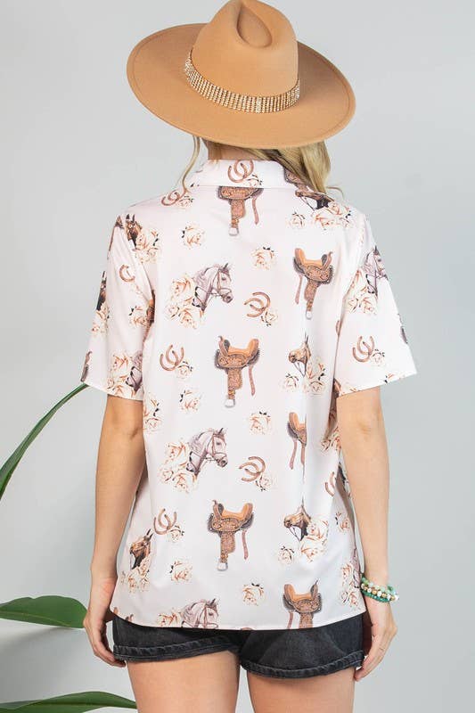HORSE SADDLE PRINT WOVEN BUTTON DOWN SHIRT