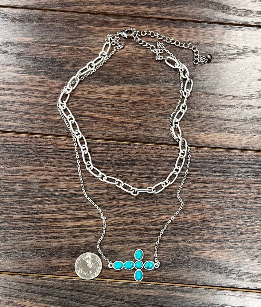 738121, Handmade Sideway Cross Turquoise Necklace