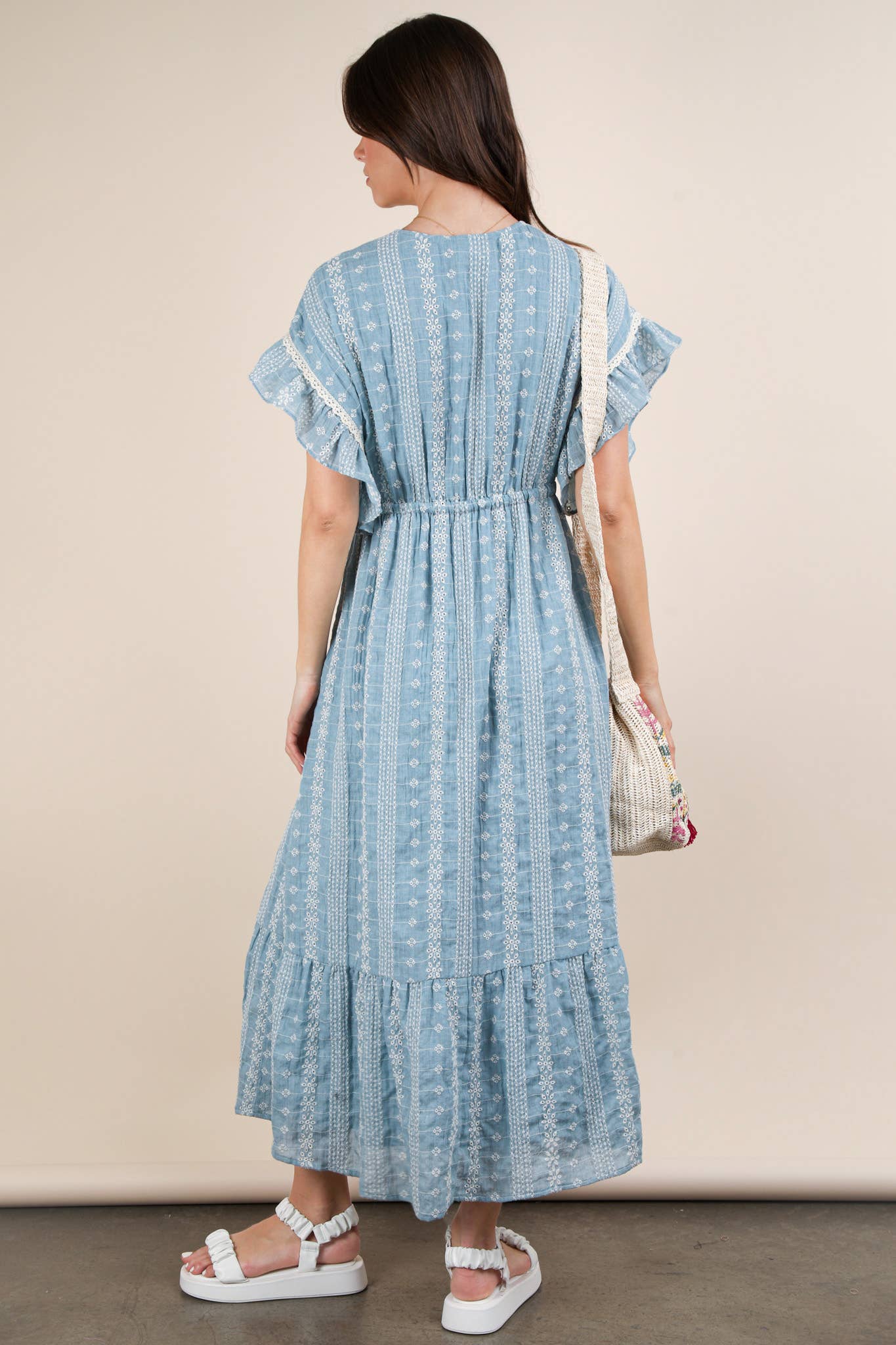Embroidered Boho Ruffled Midi Dress