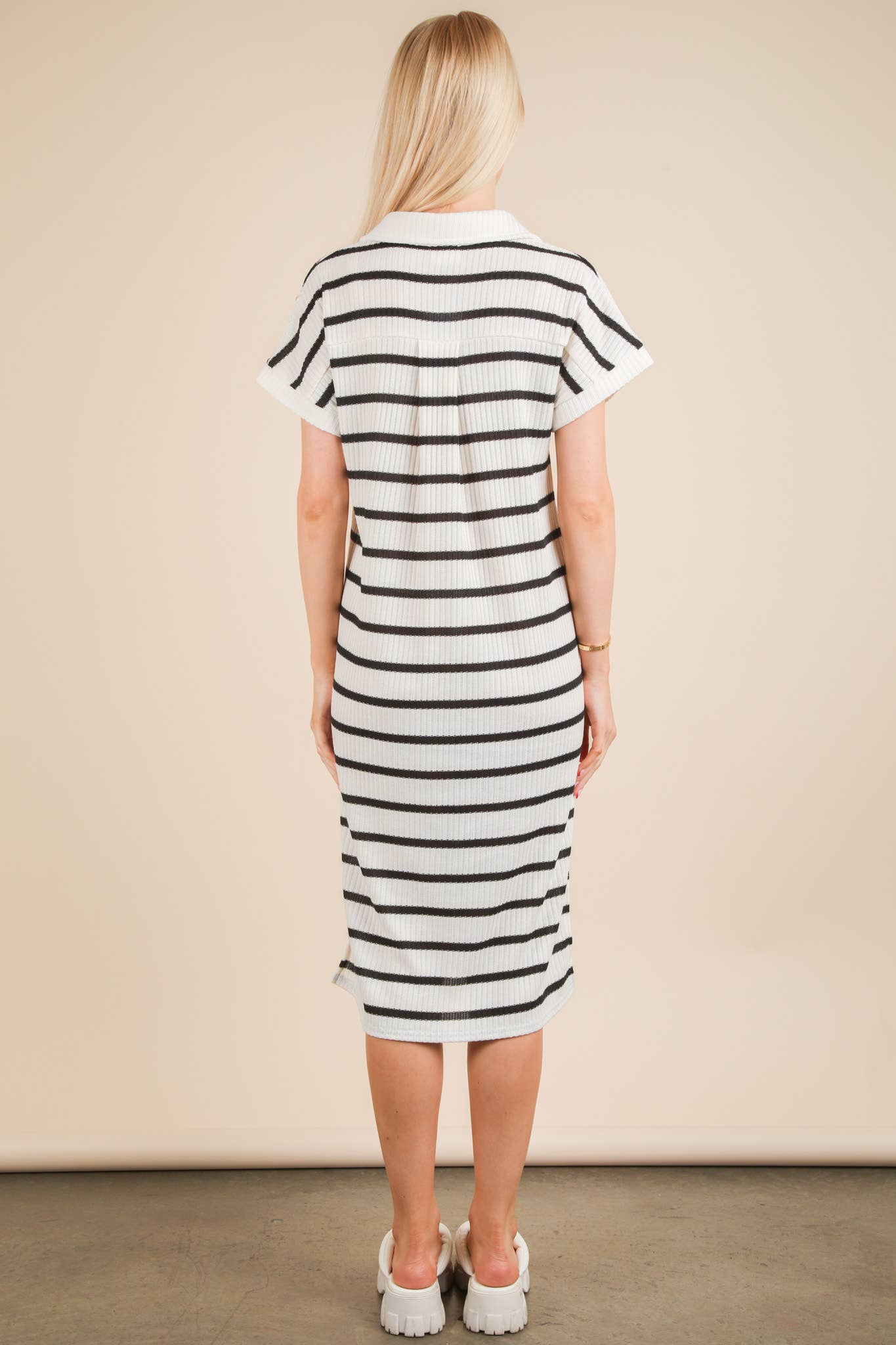 Oversized Collared Striped Knit Midi Dress