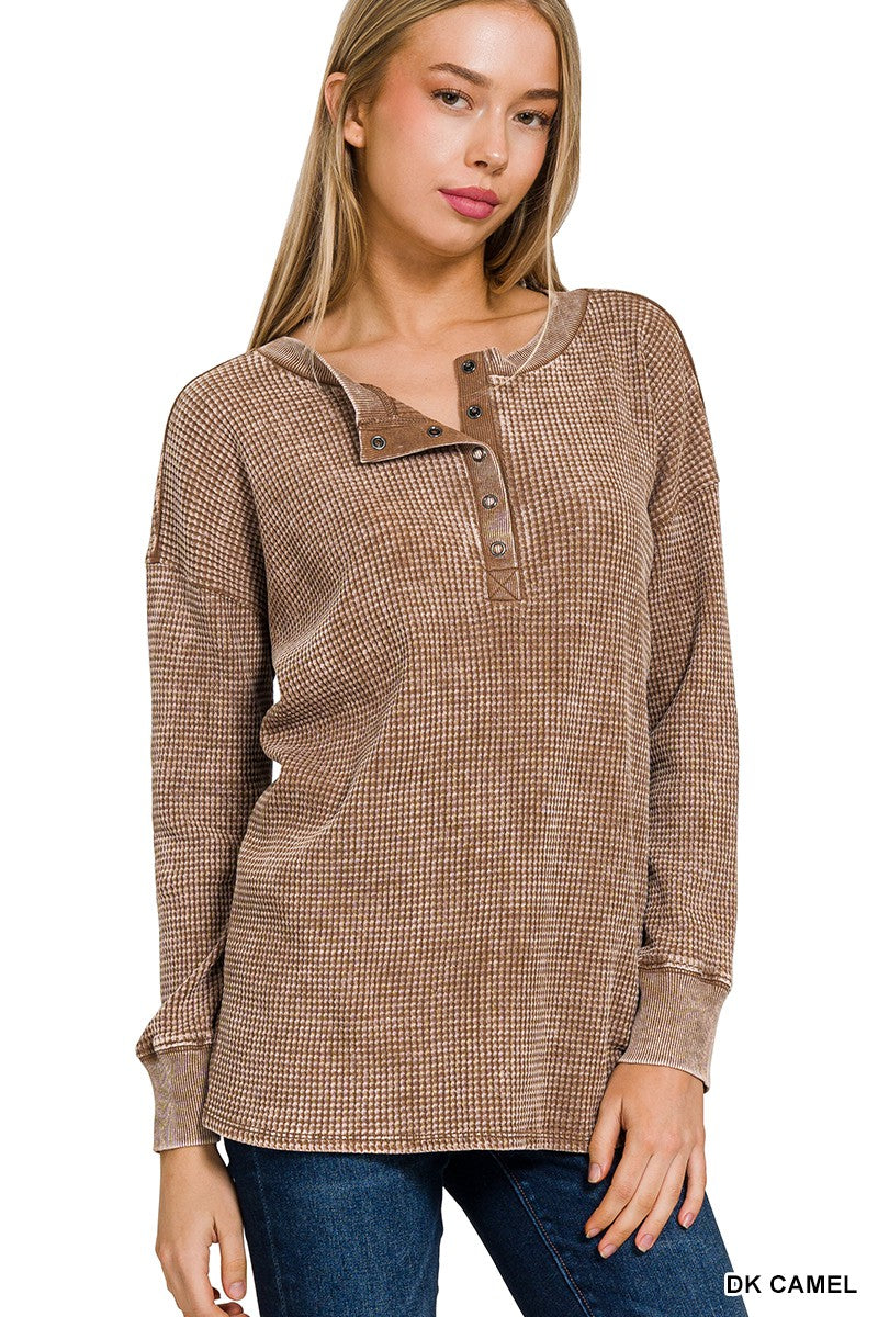 Washed Baby Waffle Henley Neckline Long Sleeve Top