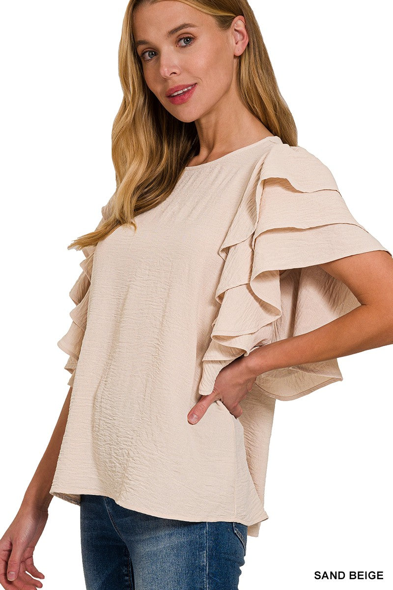 WOVEN AIRFLOW MULTI-TIERED RUFFLE SLEEVE TOP