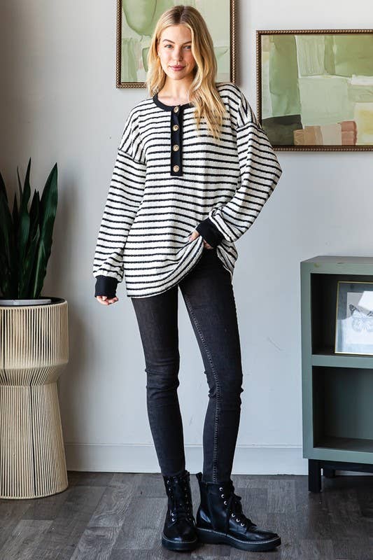 LONG PUFF SLEEVE STRIPE JACQUARD PRINT TOP