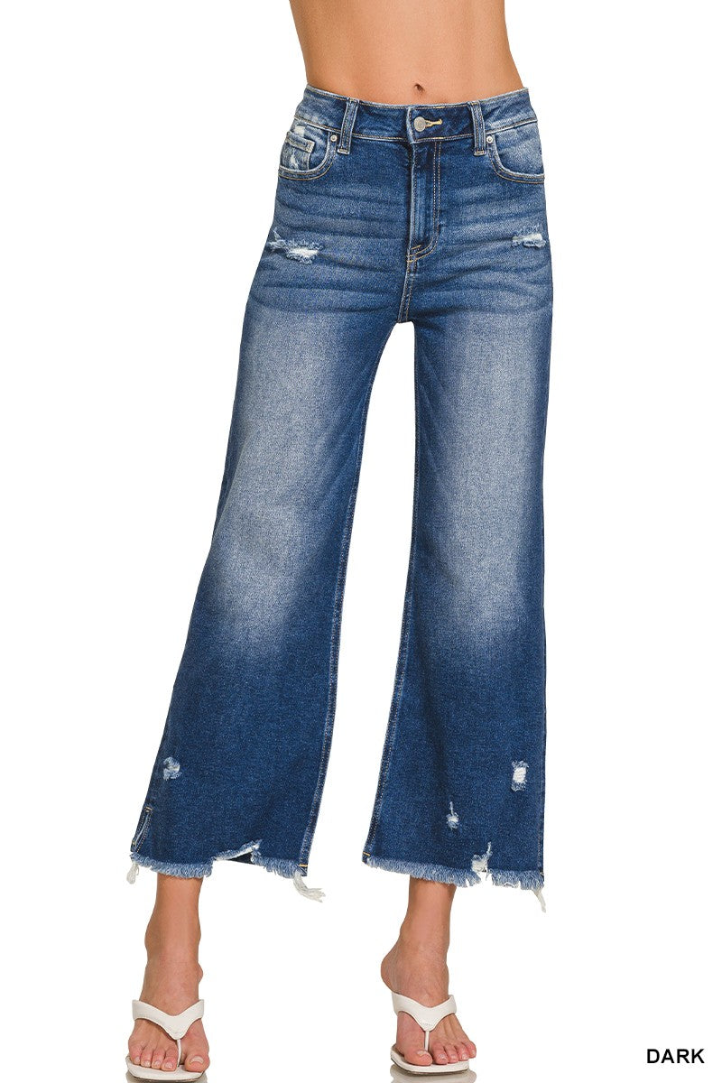 Distressed Raw Hem Denim Pants Dark Wash