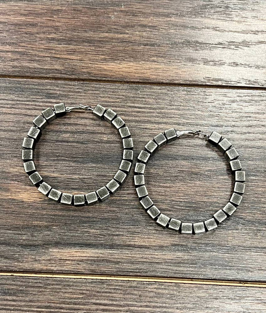 726188, Handmade 6mm Square Navajo Bead Hoop Earrings