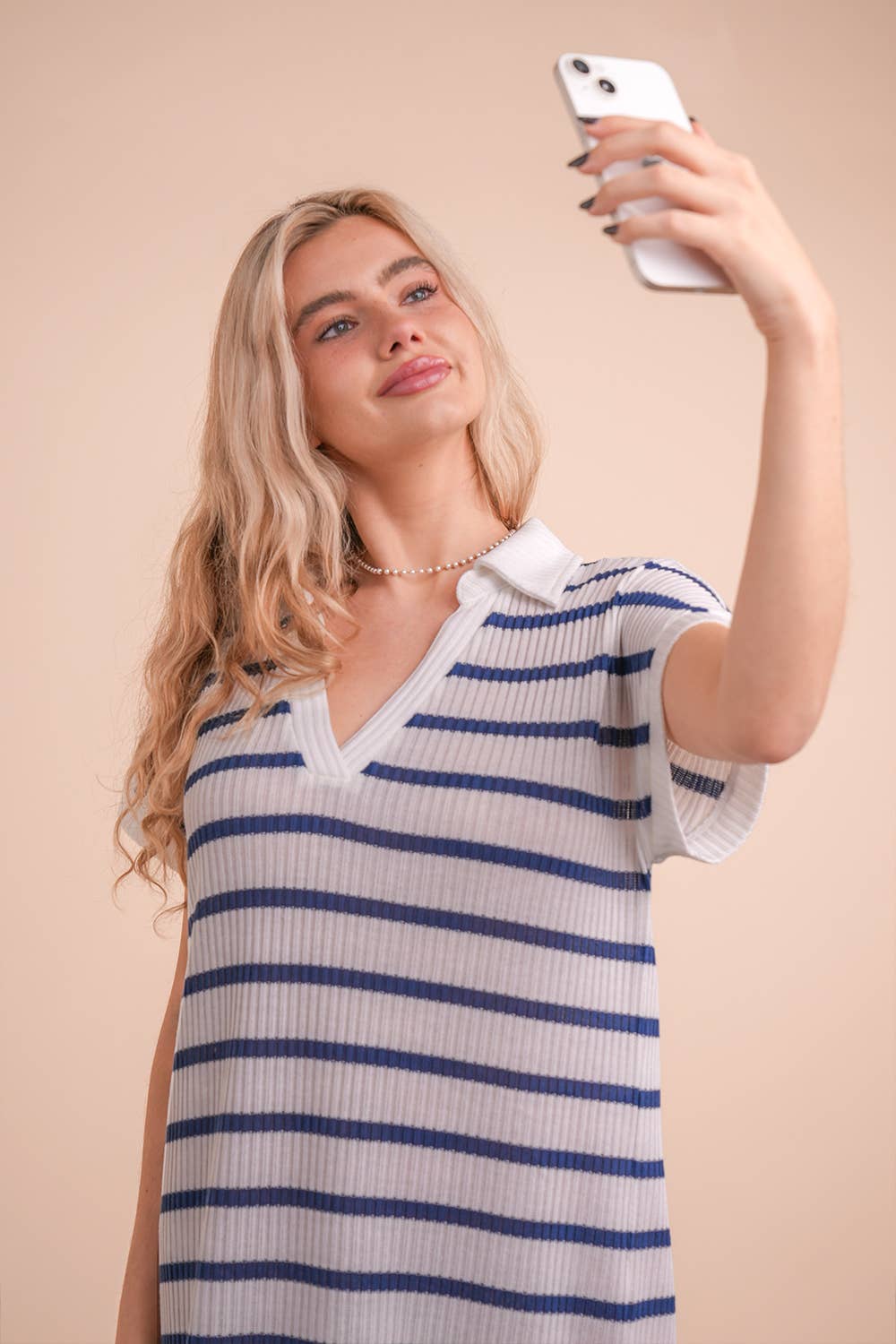 Oversized Collared Striped Knit Midi Dress