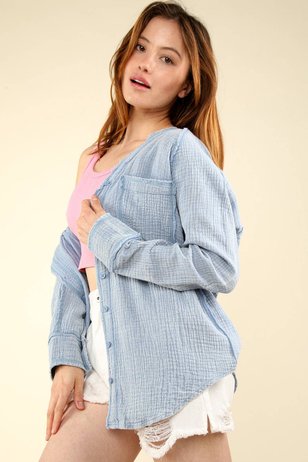 Oversized Washed Woven Crinkled Gauze Shirt Top