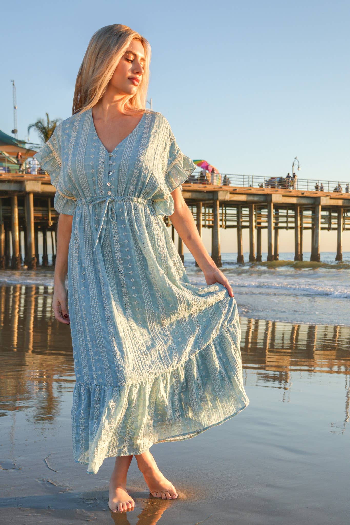 Embroidered Boho Ruffled Midi Dress