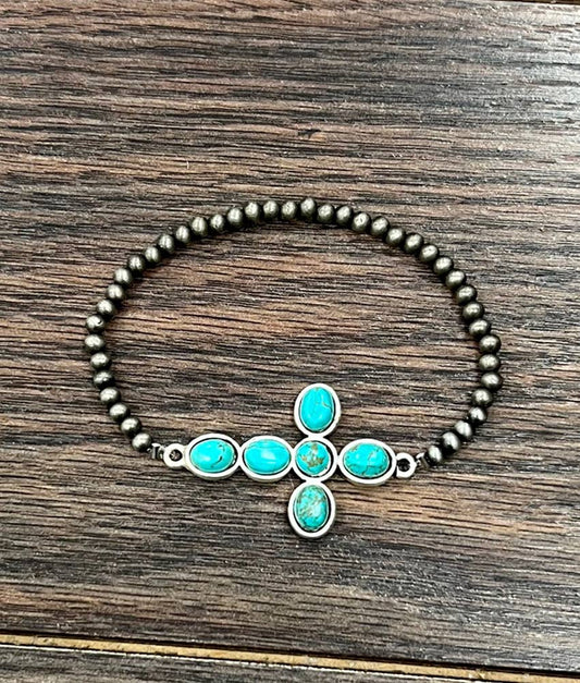 711361, Handmade Sideway Cross Turquoise Stretch Bracelet
