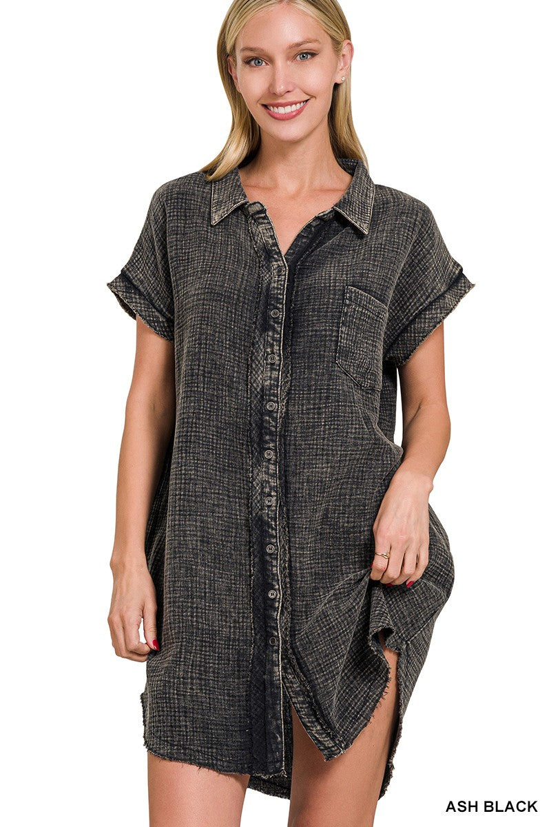 Washed Button Down Gauze Dress