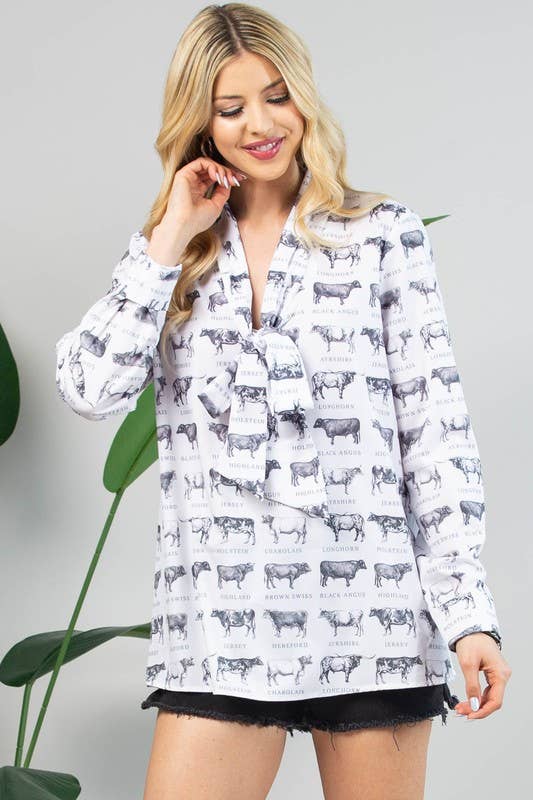 HERD PRINT KNOTTED FRONT TIE WOVEN TOP