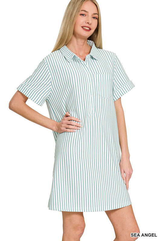 Stripe Collared Half Button Up T-shirt Dress
