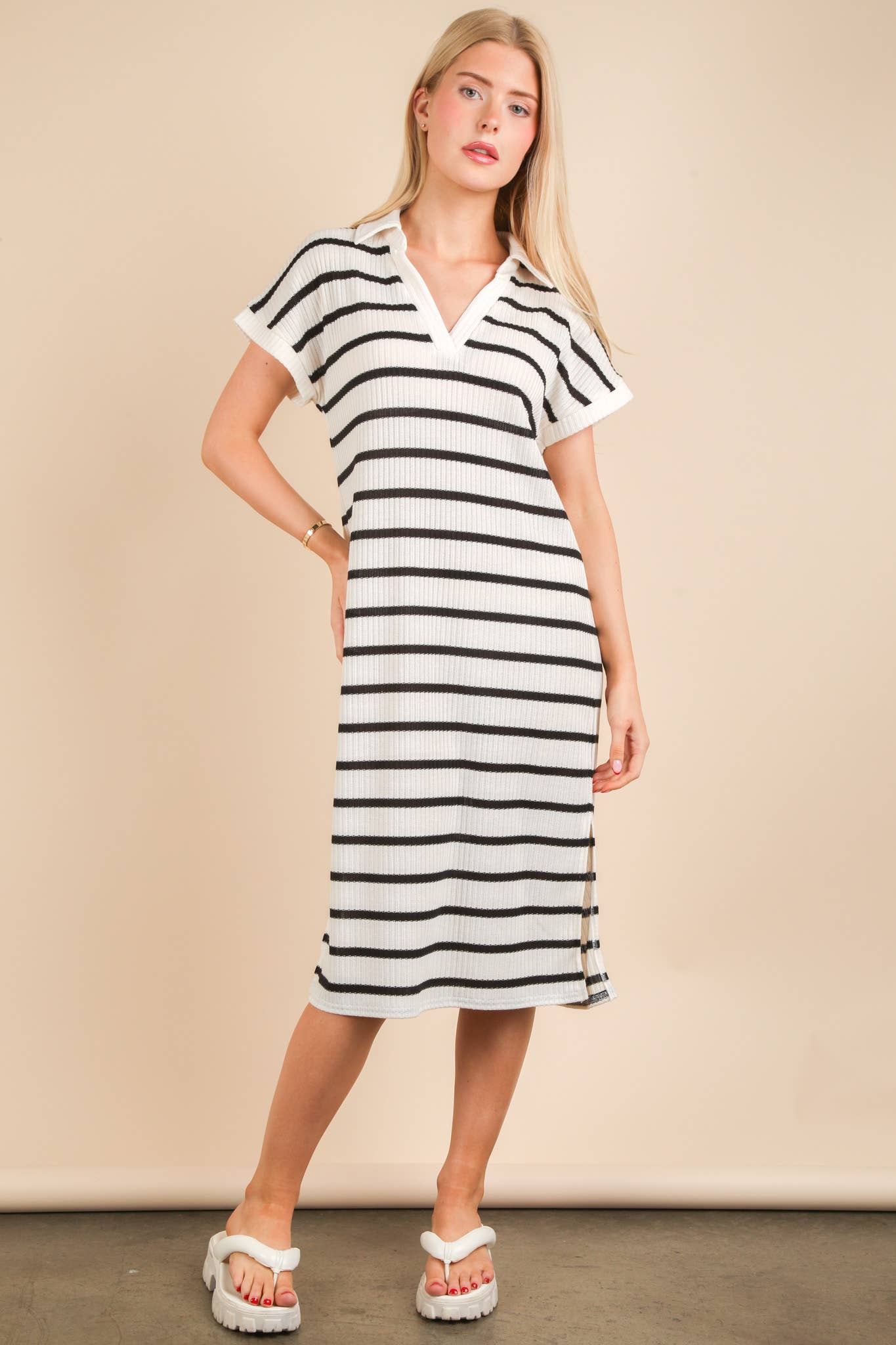 Oversized Collared Striped Knit Midi Dress