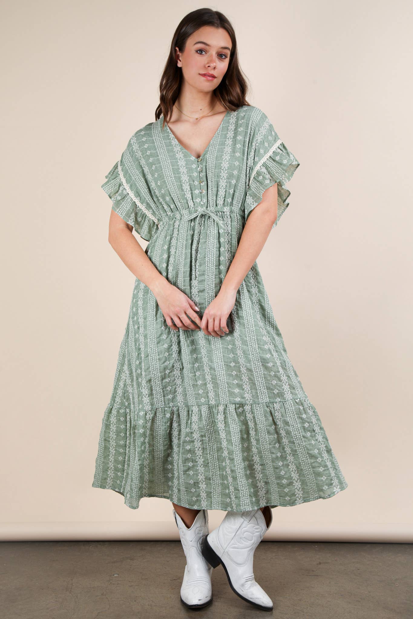 Embroidered Boho Ruffled Midi Dress