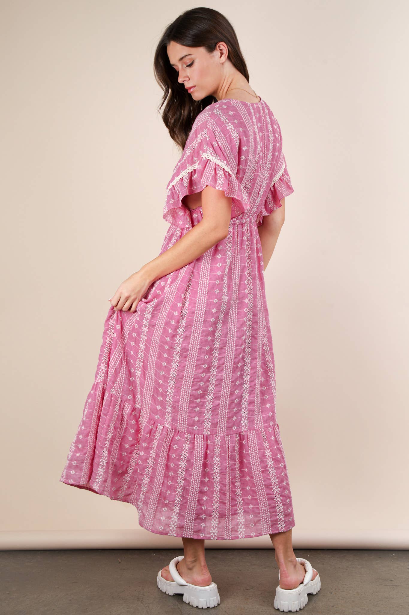 Embroidered Boho Ruffled Midi Dress