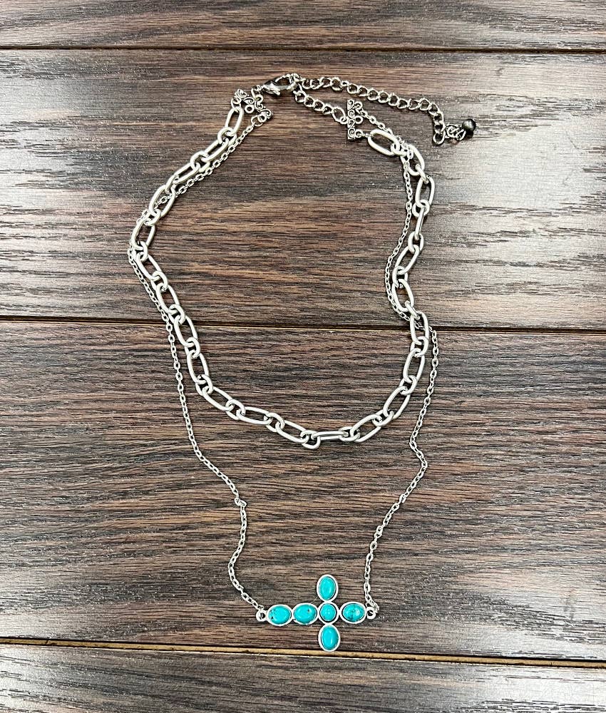 738121, Handmade Sideway Cross Turquoise Necklace