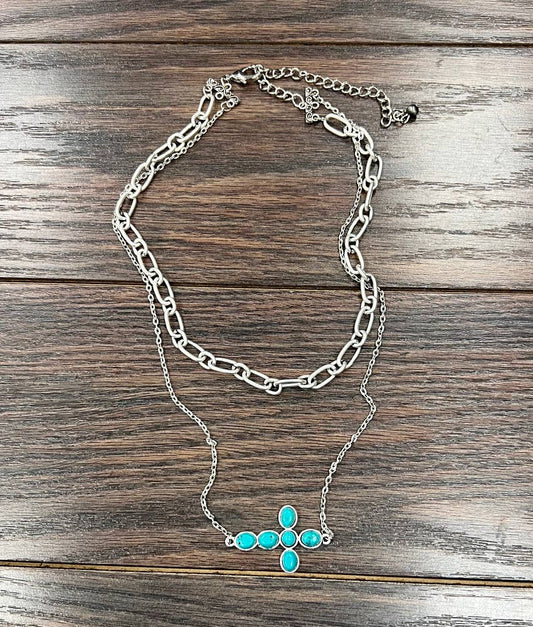 738121, Handmade Sideway Cross Turquoise Necklace