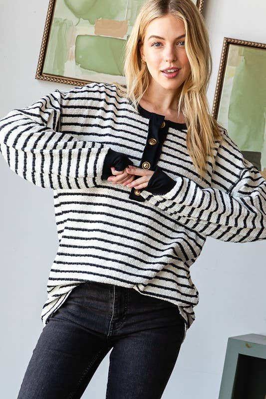 LONG PUFF SLEEVE STRIPE JACQUARD PRINT TOP