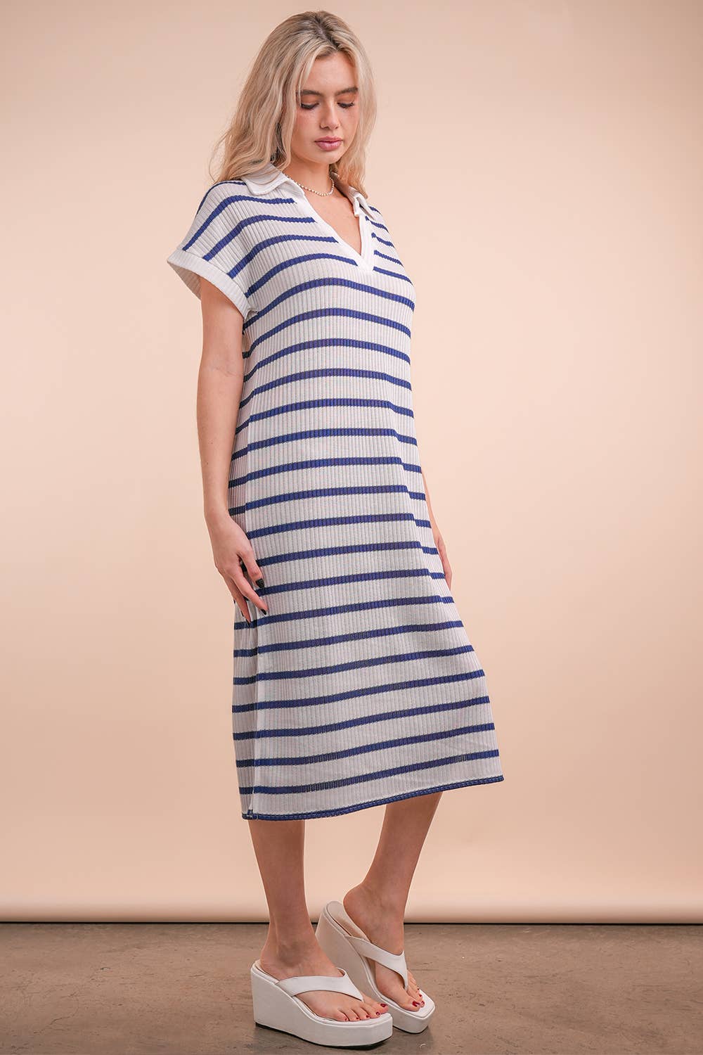 Oversized Collared Striped Knit Midi Dress