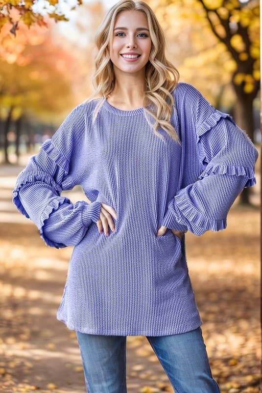 PUFF SLEEVE SOLID URBAN RIBBED TOP WITH SHIRRING