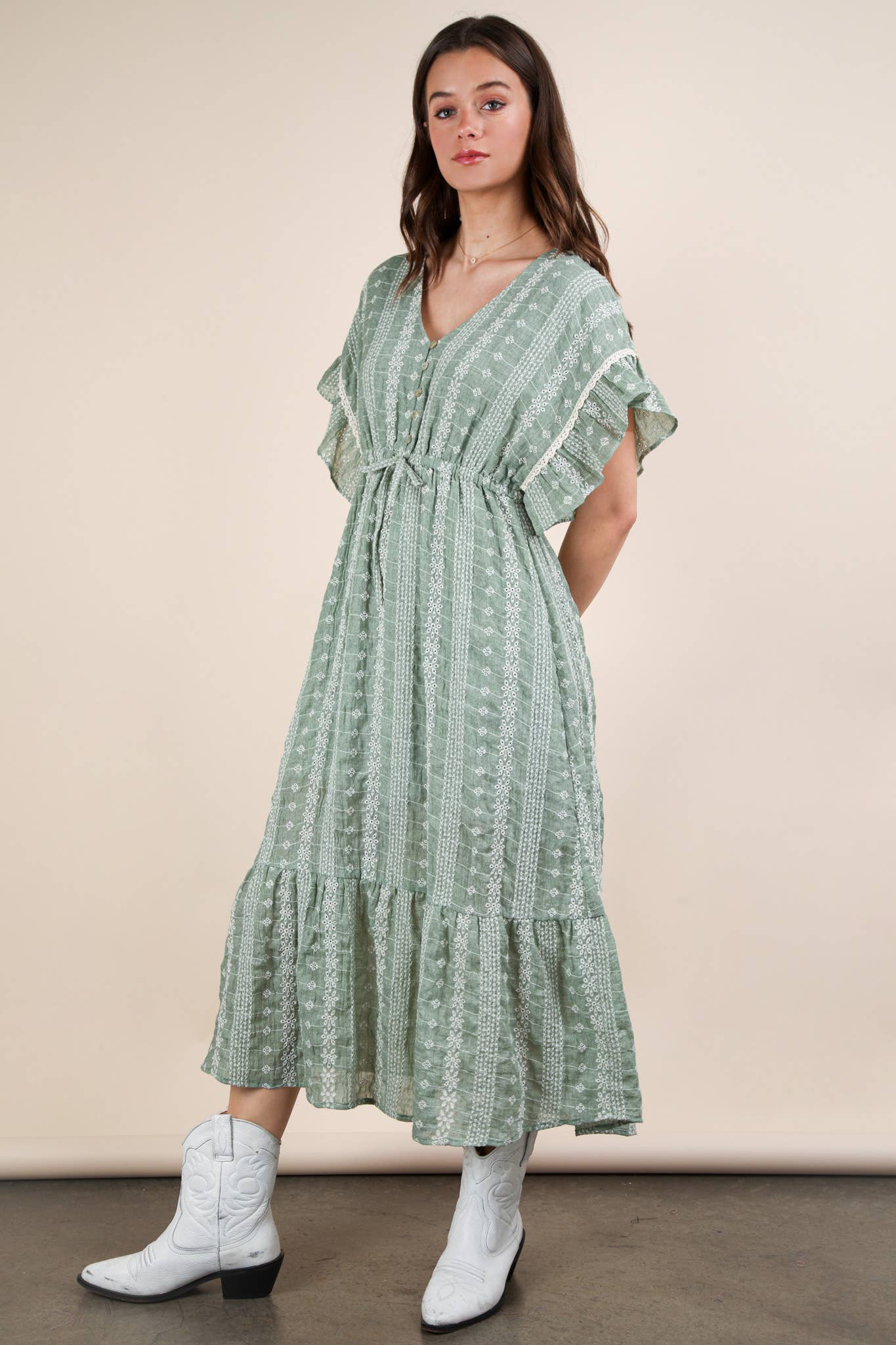 Embroidered Boho Ruffled Midi Dress