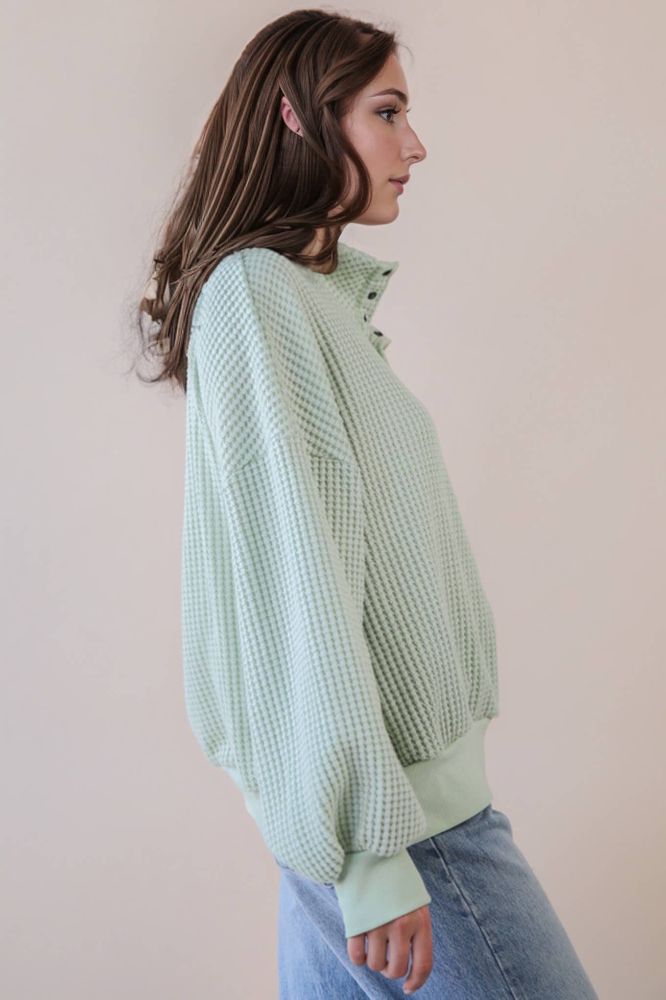 Oversized Half Button Down Casual Waffle Knit Top