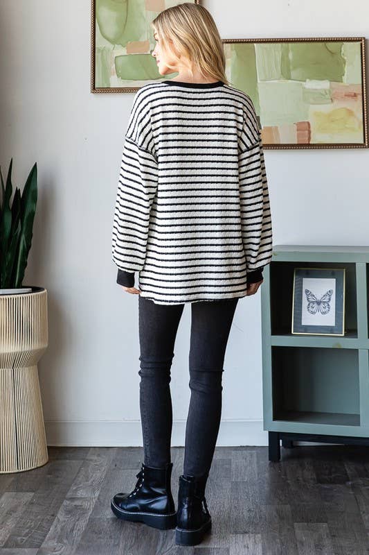 LONG PUFF SLEEVE STRIPE JACQUARD PRINT TOP