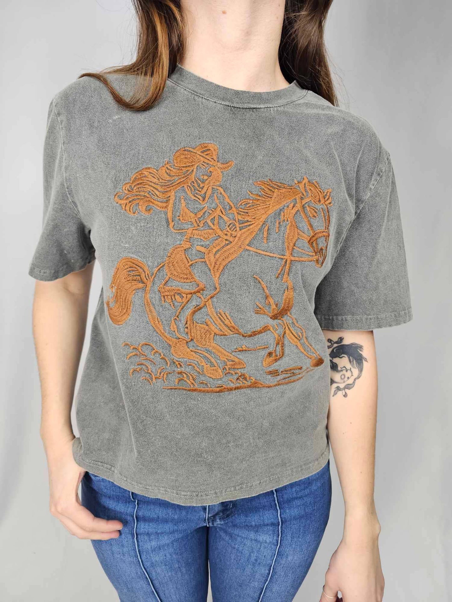 Cowgirl Embroidery Acid Washed Tee