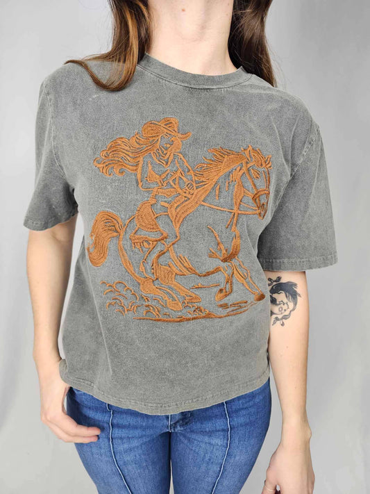 Cowgirl Embroidery Acid Washed Tee