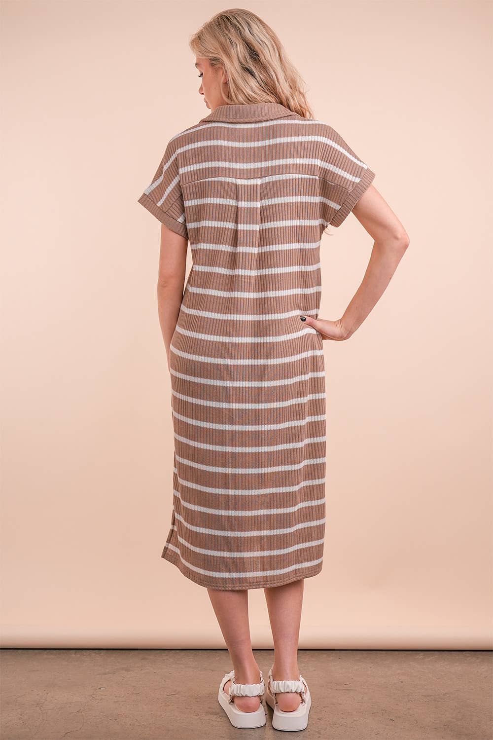 Oversized Collared Striped Knit Midi Dress