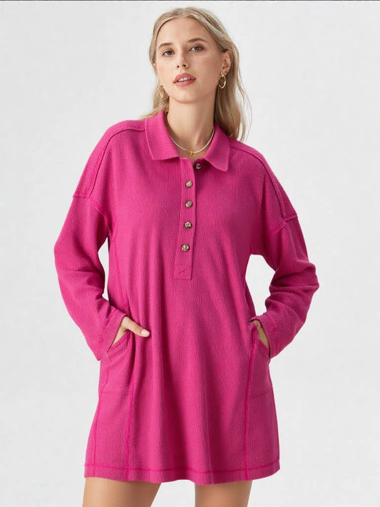 Casual Shirt Collared Knit Henley Mini Dress