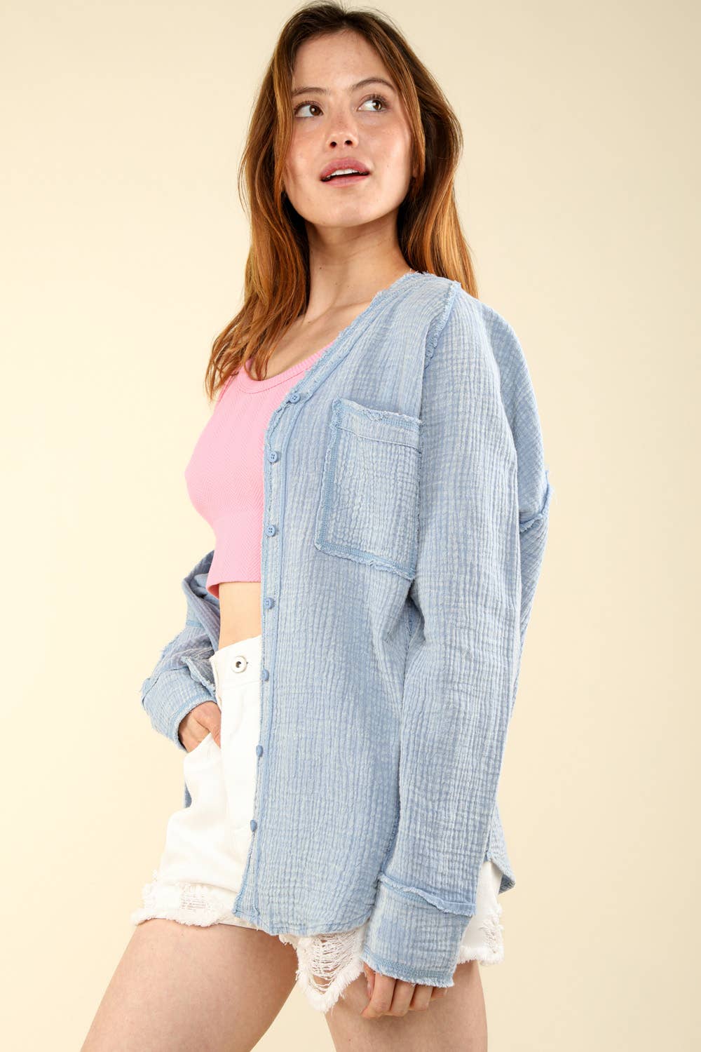 Oversized Washed Woven Crinkled Gauze Shirt Top