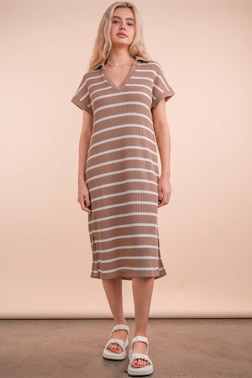 Oversized Collared Striped Knit Midi Dress