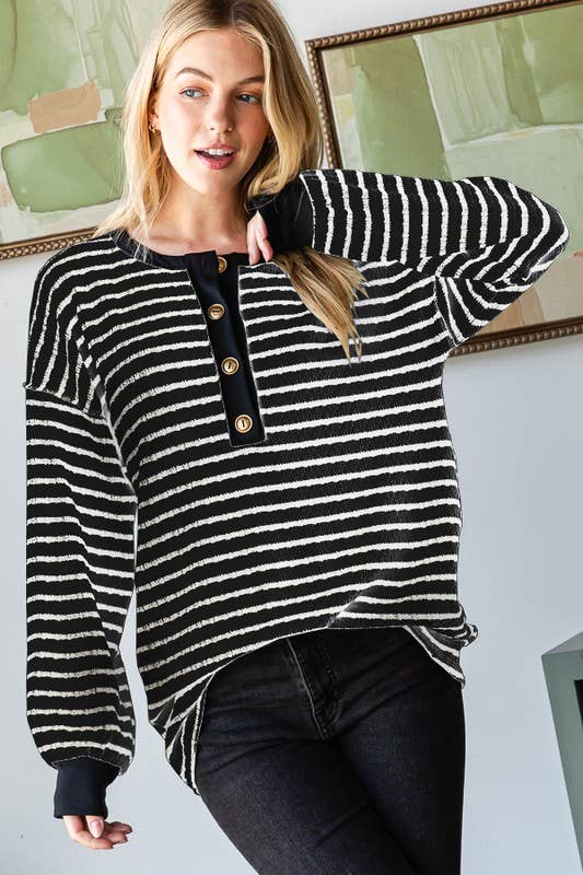 LONG PUFF SLEEVE STRIPE JACQUARD PRINT TOP