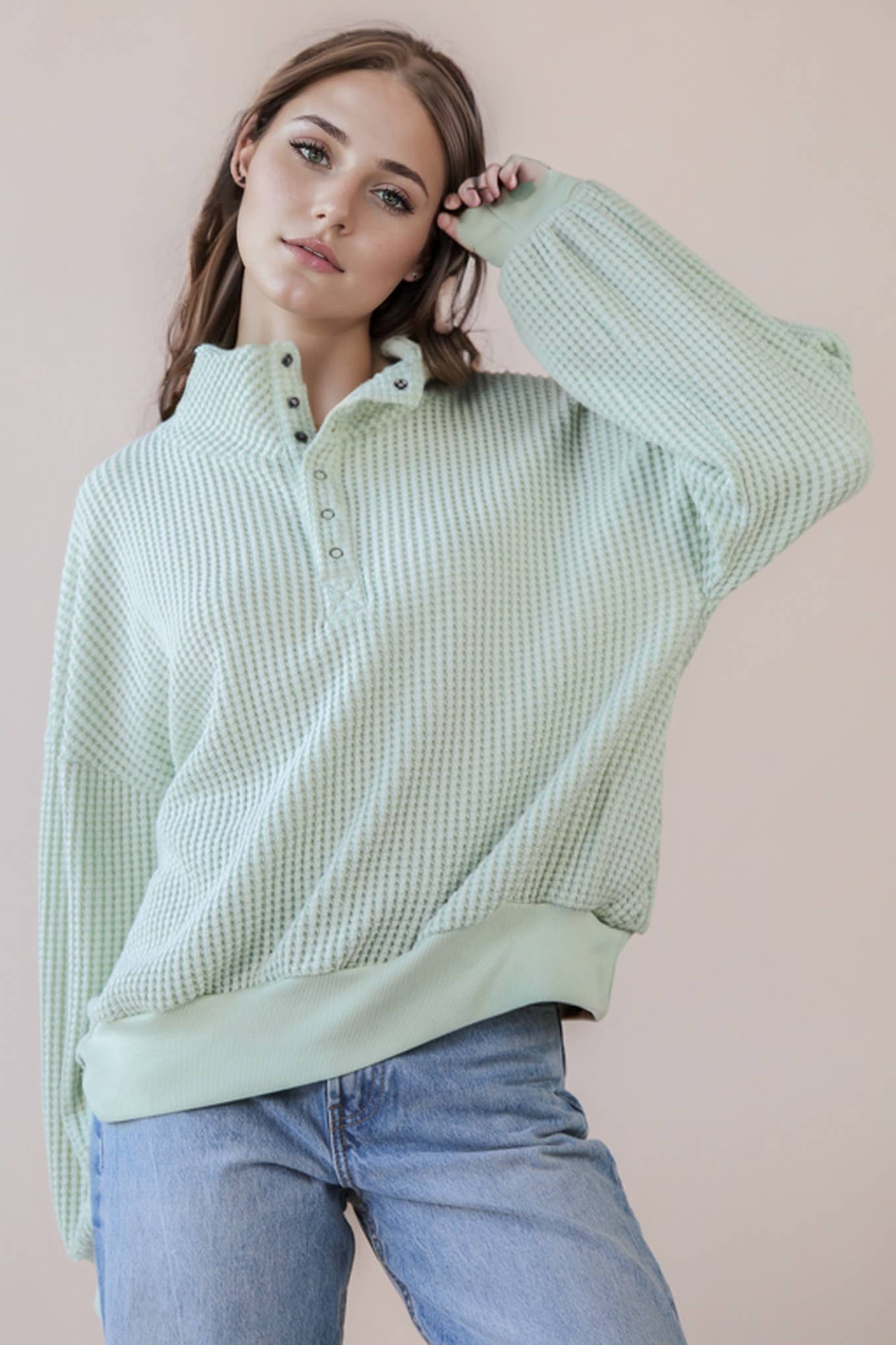 Oversized Half Button Down Casual Waffle Knit Top