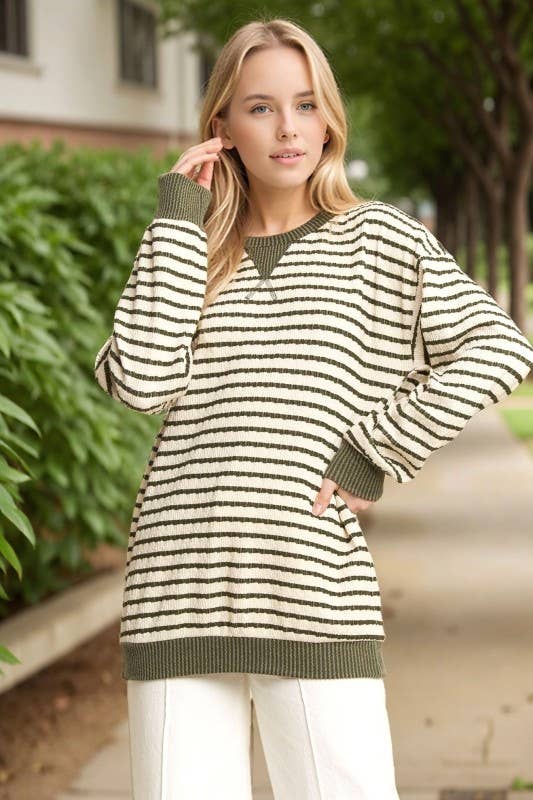 LONG SLEEVE STRIPE JACQUARD PRINT TOP