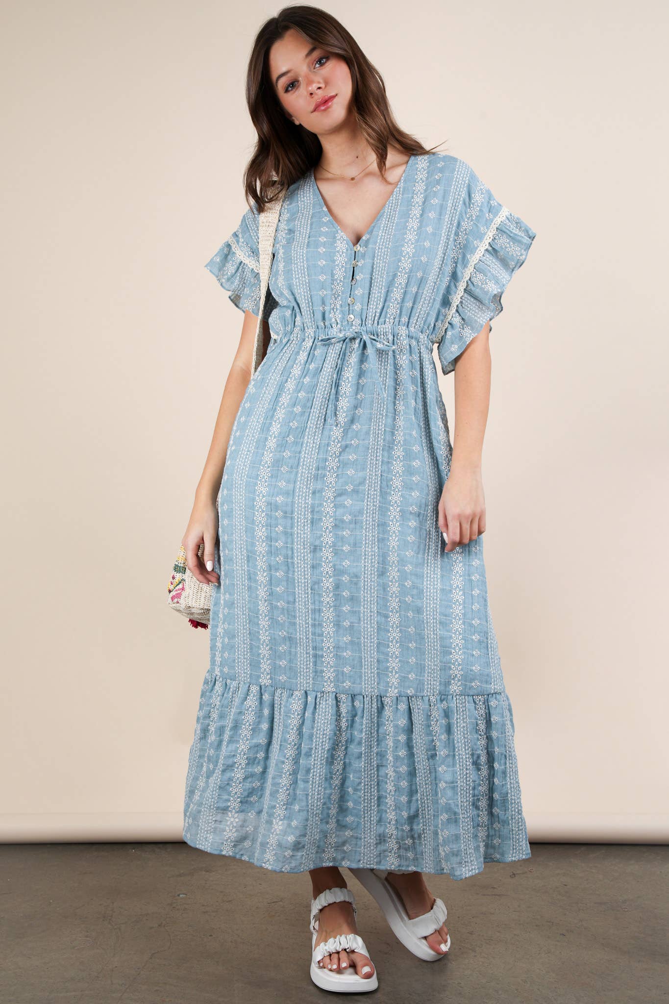Embroidered Boho Ruffled Midi Dress