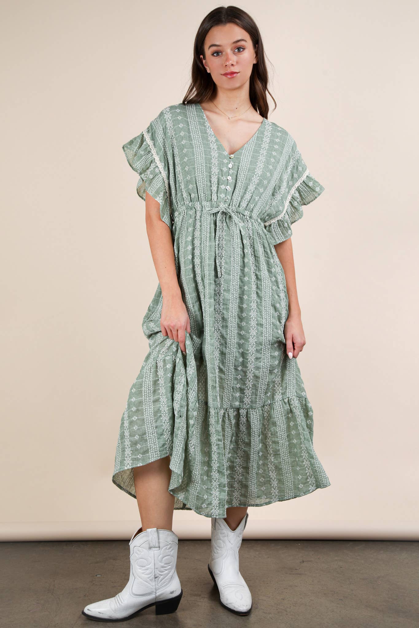 Embroidered Boho Ruffled Midi Dress