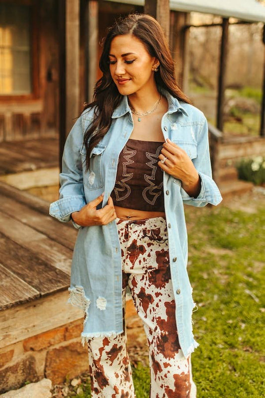 Light Stone Wash Distressed Button Down Shirt