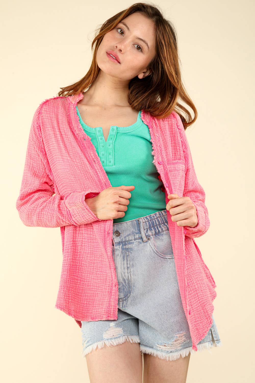 Oversized Washed Woven Crinkled Gauze Shirt Top