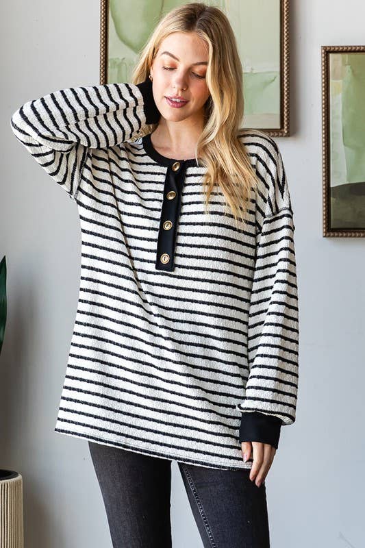 LONG PUFF SLEEVE STRIPE JACQUARD PRINT TOP