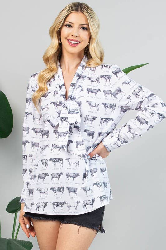 HERD PRINT KNOTTED FRONT TIE WOVEN TOP