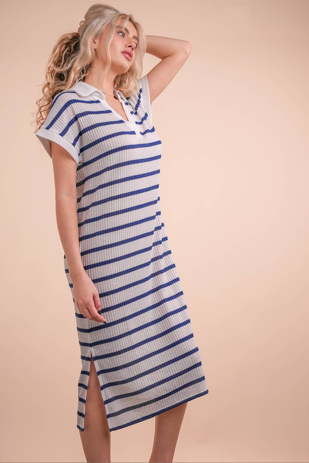 Oversized Collared Striped Knit Midi Dress
