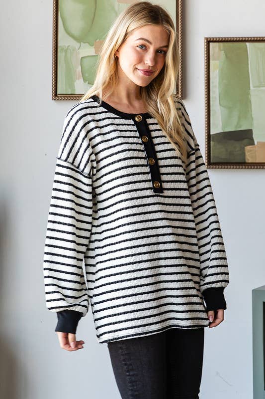 LONG PUFF SLEEVE STRIPE JACQUARD PRINT TOP