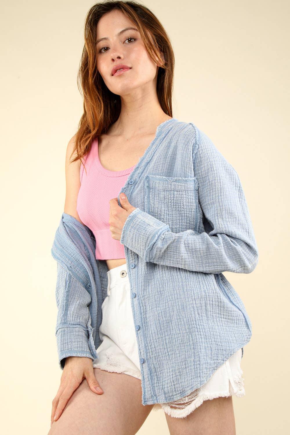 Oversized Washed Woven Crinkled Gauze Shirt Top