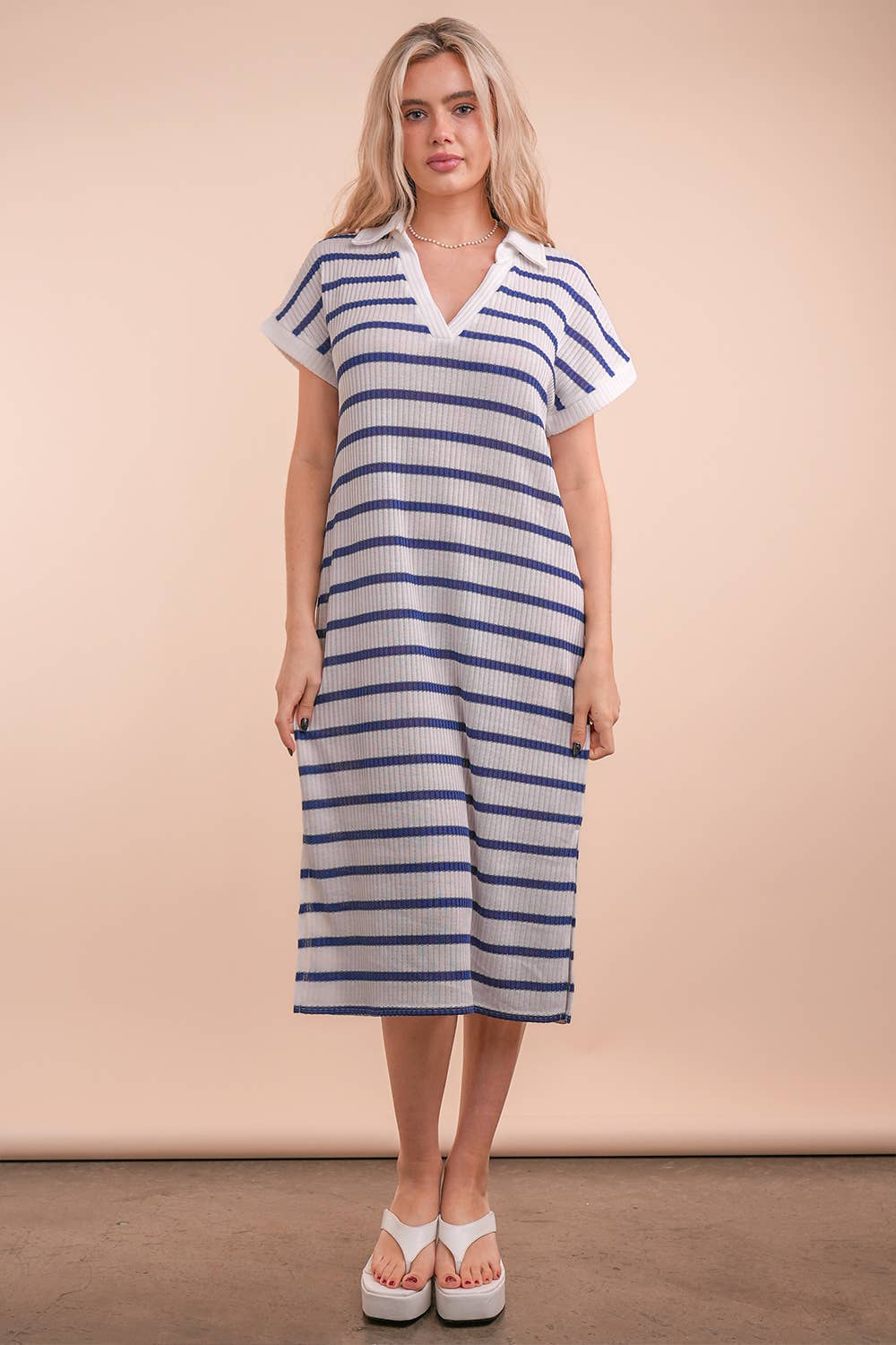 Oversized Collared Striped Knit Midi Dress