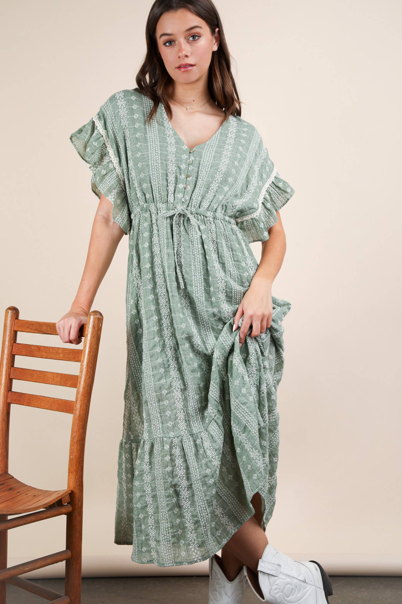 Embroidered Boho Ruffled Midi Dress