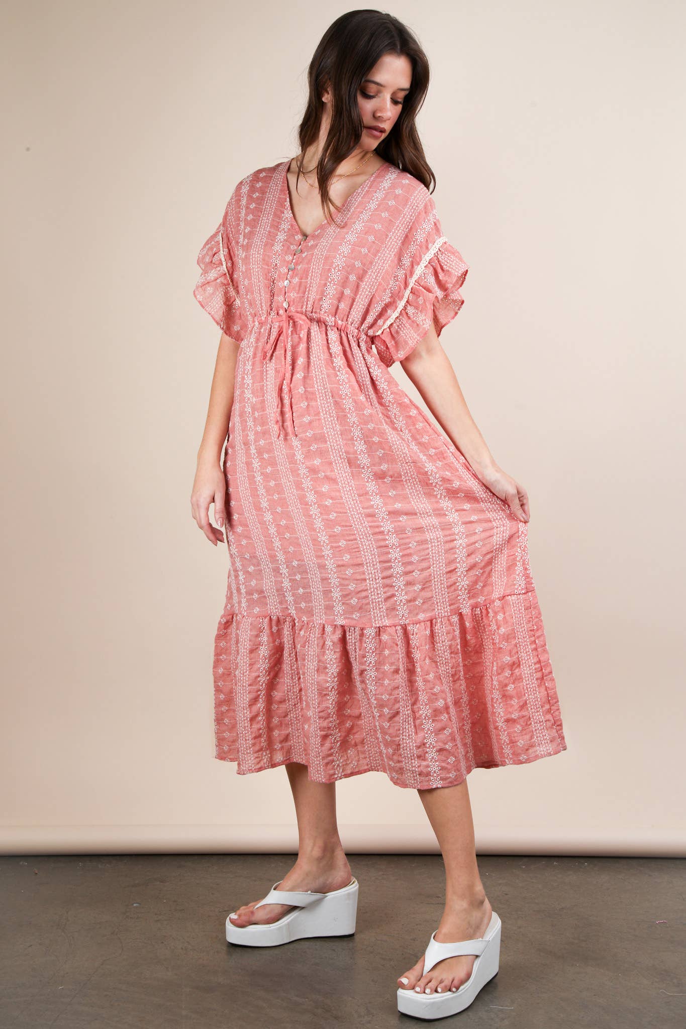 Embroidered Boho Ruffled Midi Dress