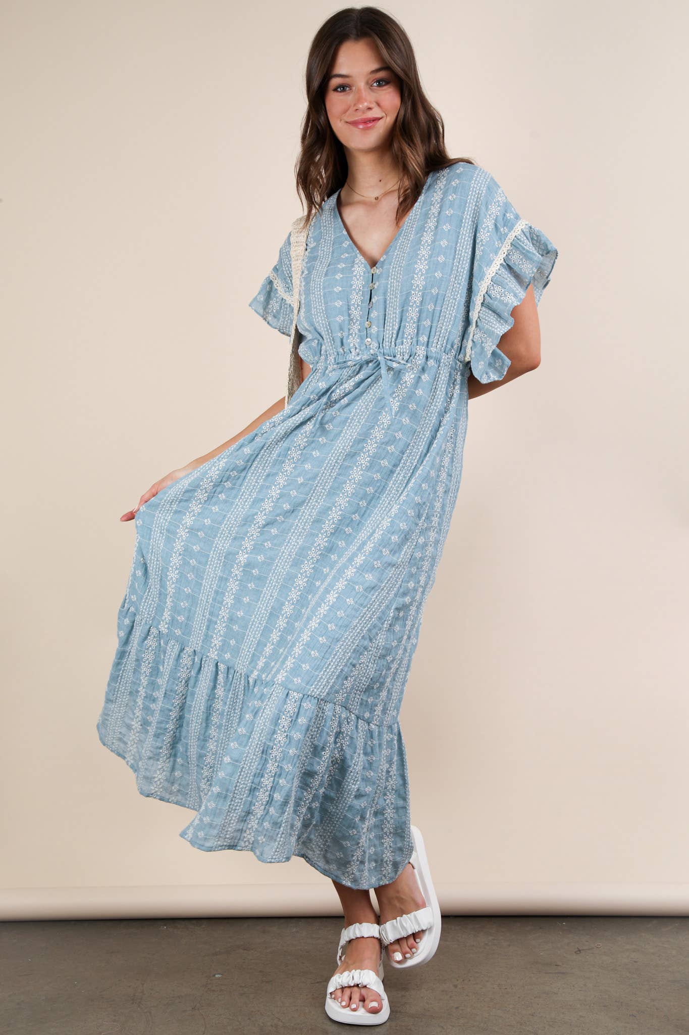Embroidered Boho Ruffled Midi Dress